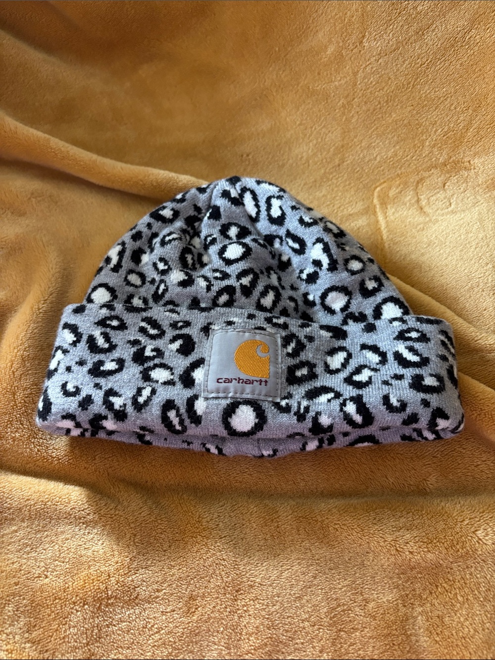 Carhartt Kids' Grey and Black Leopard Cuff Beanie with Yellow Logo
